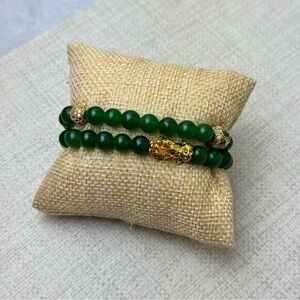 Pair Green Chrome Diopside Beaded Stretch Bracelets with Gold plated accents